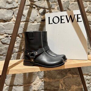 LOEWE Black Leather Campo Harness Biker Boots